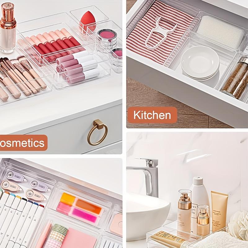 Colorful 25pcs Clear Plastic Drawer Organizer 4 Sizes Vanity Drawer Dividers Storage Separation Bins for Make Up Kitchen Utensils