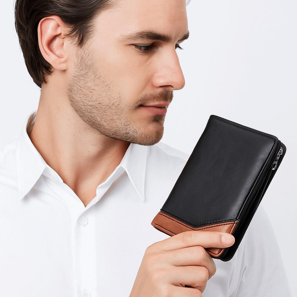 Color Blocking Business Clutch Bag Zipper Men Card Holder Vintage Men Short Wallet  Travel