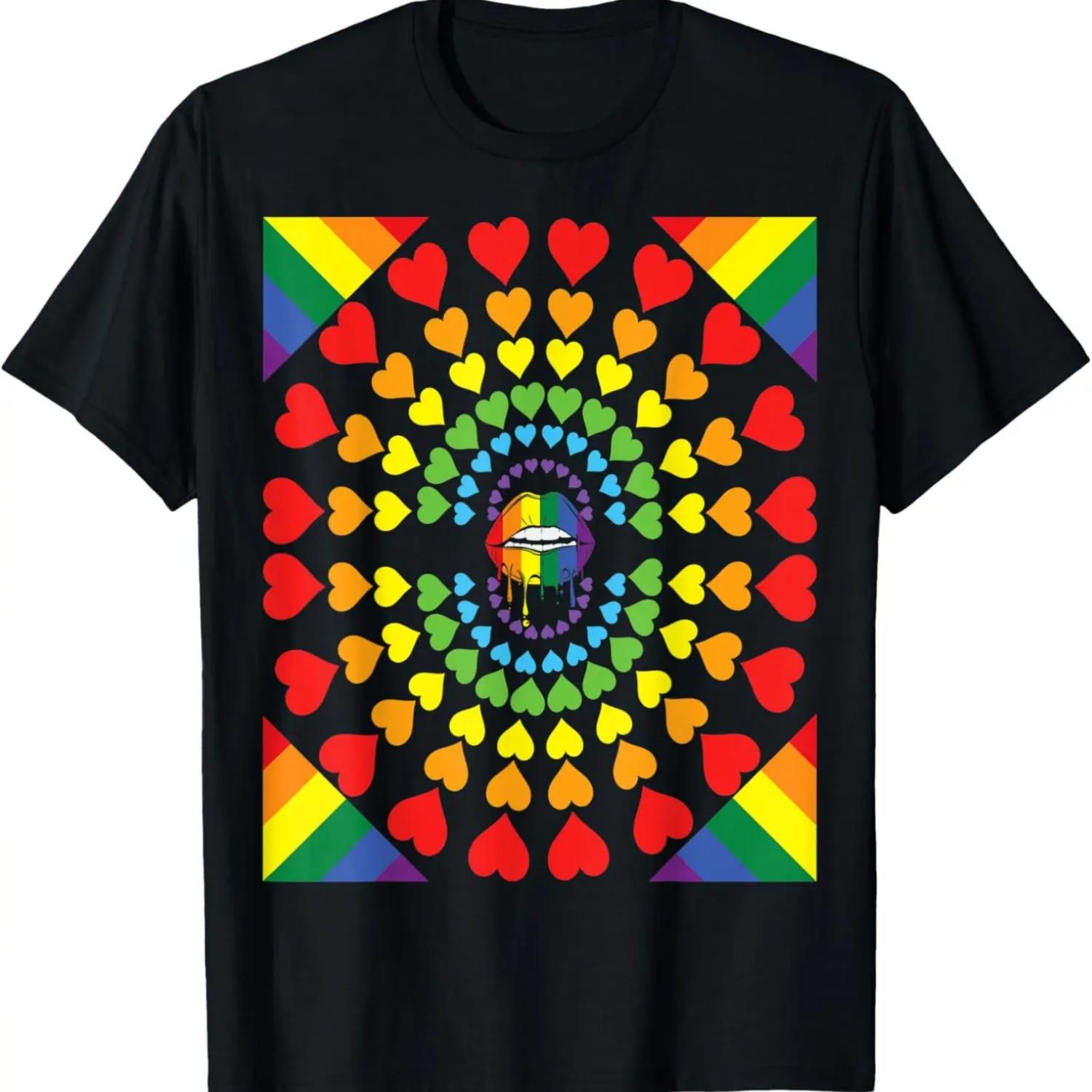 Rainbow pattern, hearts with lips and mouth in the middle T-Shirt S чёрный
