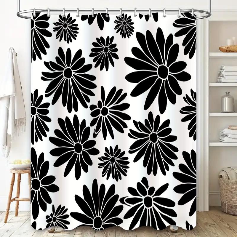 Black White Floral Shower Curtain Bathroom Decor Waterproof Fabric With Hooks Set For Bathtub Or Tub Perfect Gift Idea