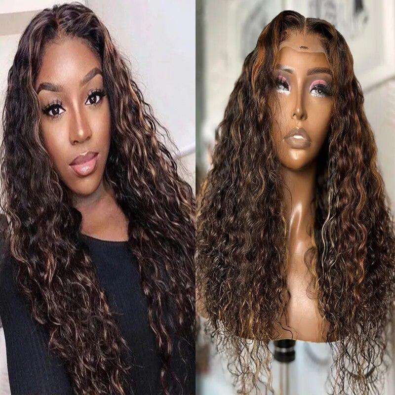 Loose Curly Synthetic Lace Front Wig 180% Density  Gold Mix Dark Brown Heat Resistant Fiber Pre Plucked For Women