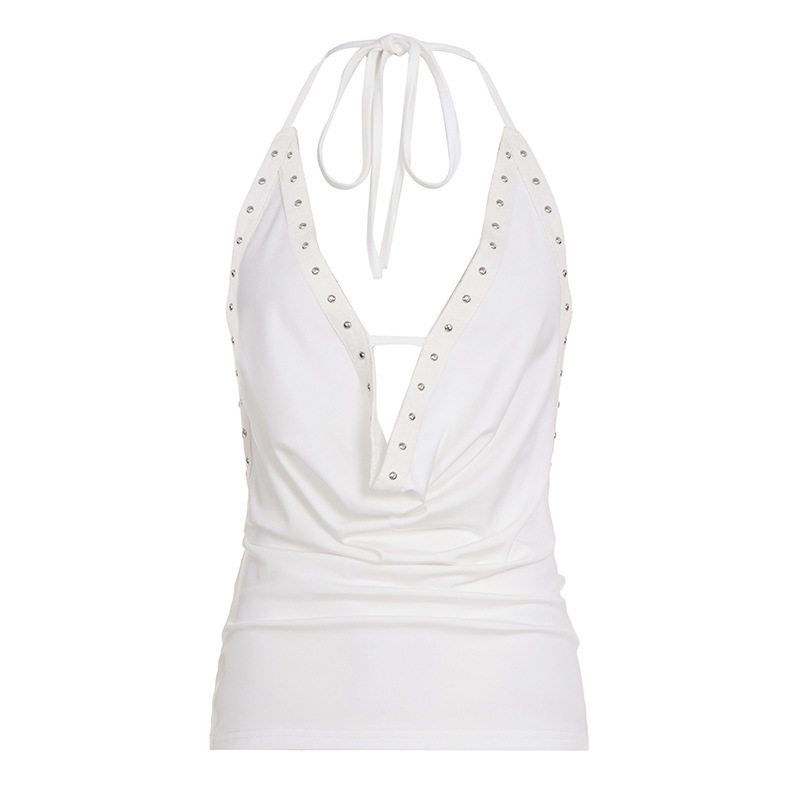 

American Street Style Rivet-Embellished Unique Halter Neck Spaghetti Strap Top with Niche Design, Backless, Solid Color, and Ruched Details White S