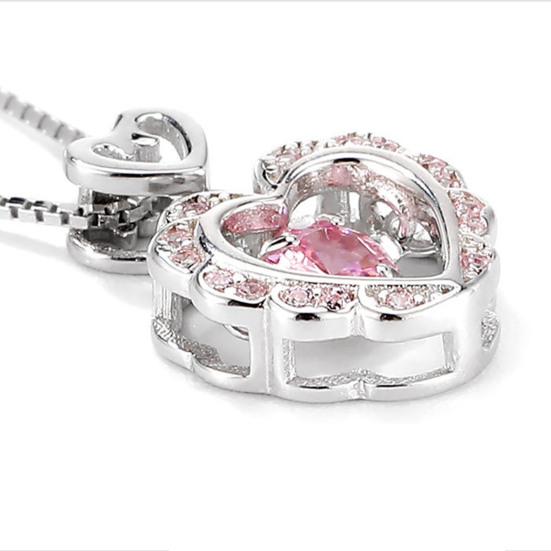 Women Necklace Pink Rhinestone Heart Pendant Adjustable Length Clavicle Necklace Valentines Day Anniversary Gift Wedding