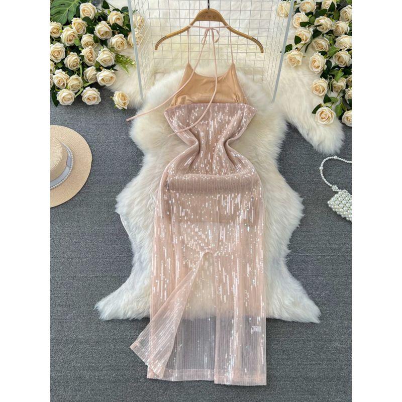 Accessible Luxury Socialite Open Back Glitter Dress Halterneck