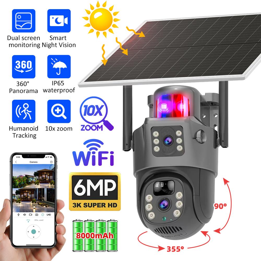 IR Night Vision Surveillance Camera Wireless Dual Lens Security Camera 6MP  Human Tracking Solar Charging Bulit-in Battery Cam