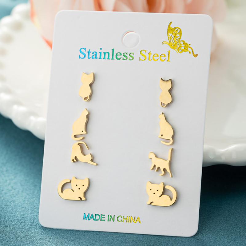 4Pairs/Lot Fashion Stainless Steel Star Moon Stud Earrings Sets for Women Small Flower Porker Dog Earings Jewelry Gift