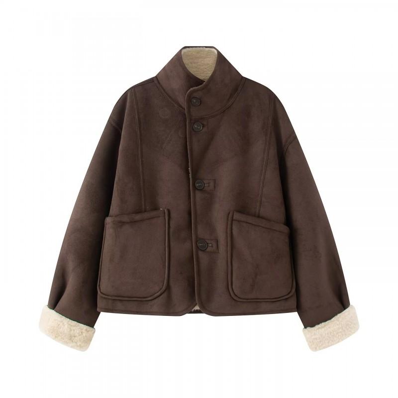 Womens Stand Collar Long Sleeve Jacket Dual-sided Wear Solid Color Casual Outerwear