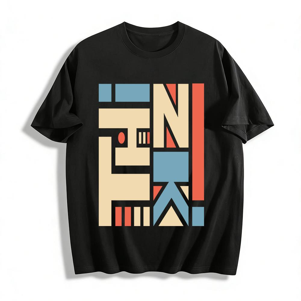 Vintage Chinese Style Zhuan Character Print Casual Loose T-Shirt Pure cotton T-shirt XXS