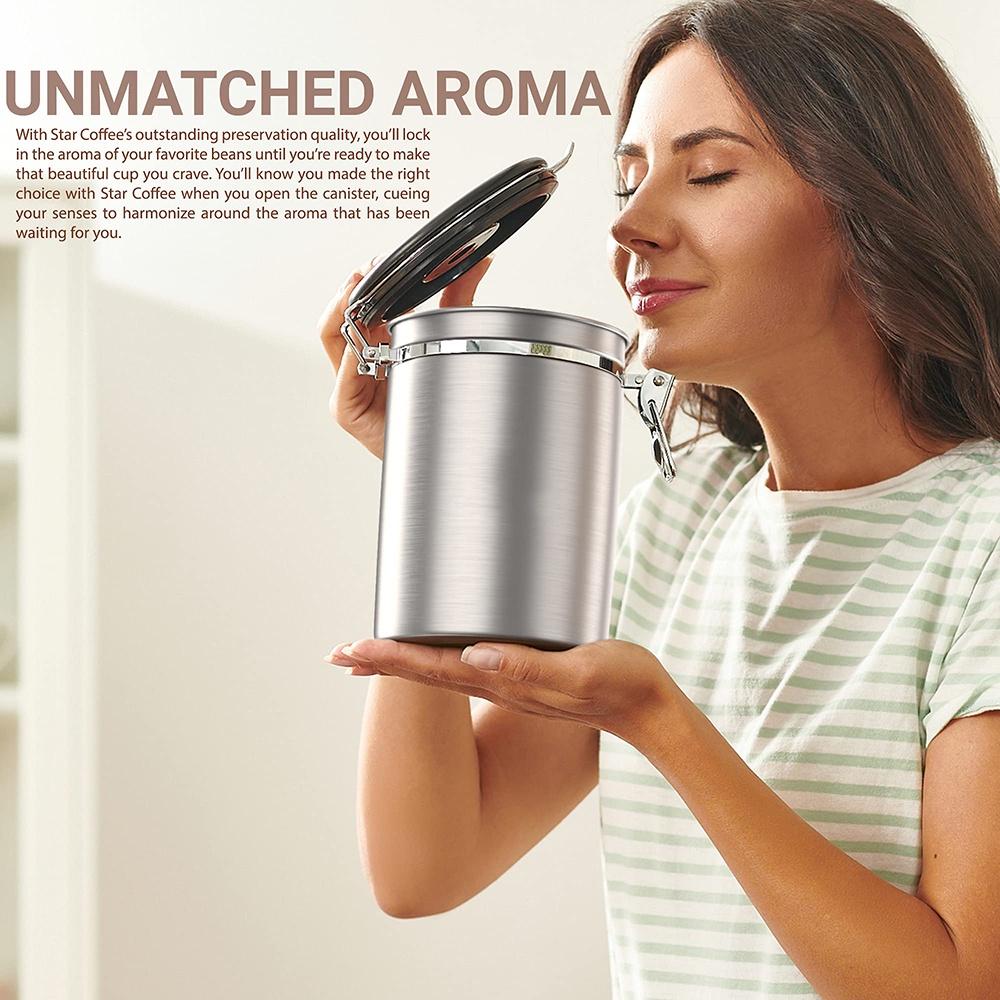 Stainless Steel Airtight Coffee Container Canister Coffee Grounds and Beans Container with Date Tracker, Scoop, CO2 Valve Filters,  Silver
