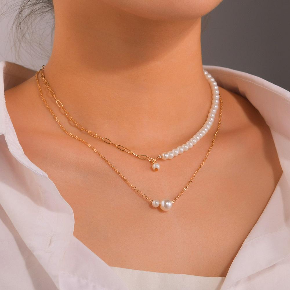 European and American Fashion, Simple Pearl Splicing Chain Necklace, Double-layer Women's Necklace Stacked with Wind Alloy Necklace