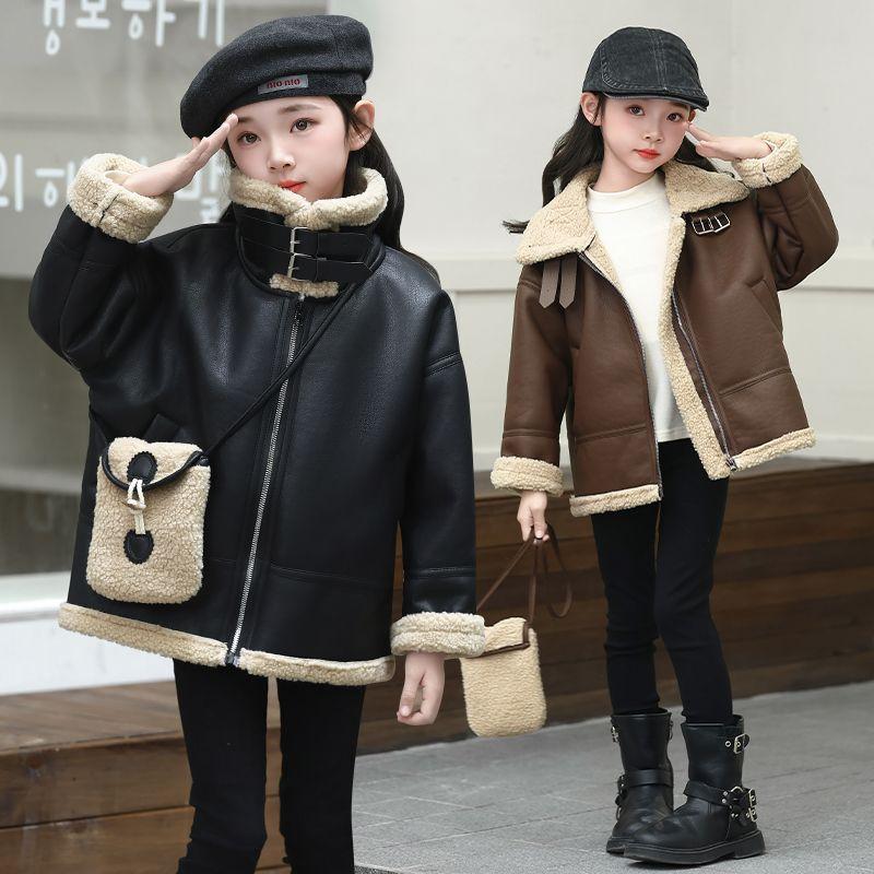 Girls' Casual Fleece-Lined Leather Jacket: Fashionable, Thick-Padded Outerwear for Kids for Fall and Winter