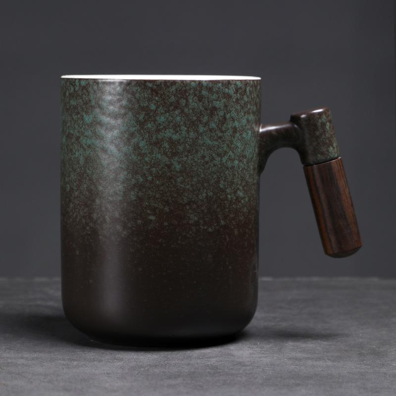 800Ml Large-capacity Mug Kiln-changed Ceramic Water Cup Retro Coarse Pottery Coffee Cup Creative Wooden Handle Beer Cup