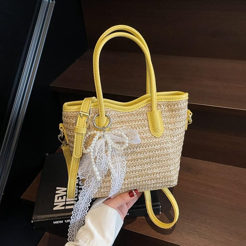 Grass Weave Bucket Bag For Women Summer Casual Handheld With Zipper Closure