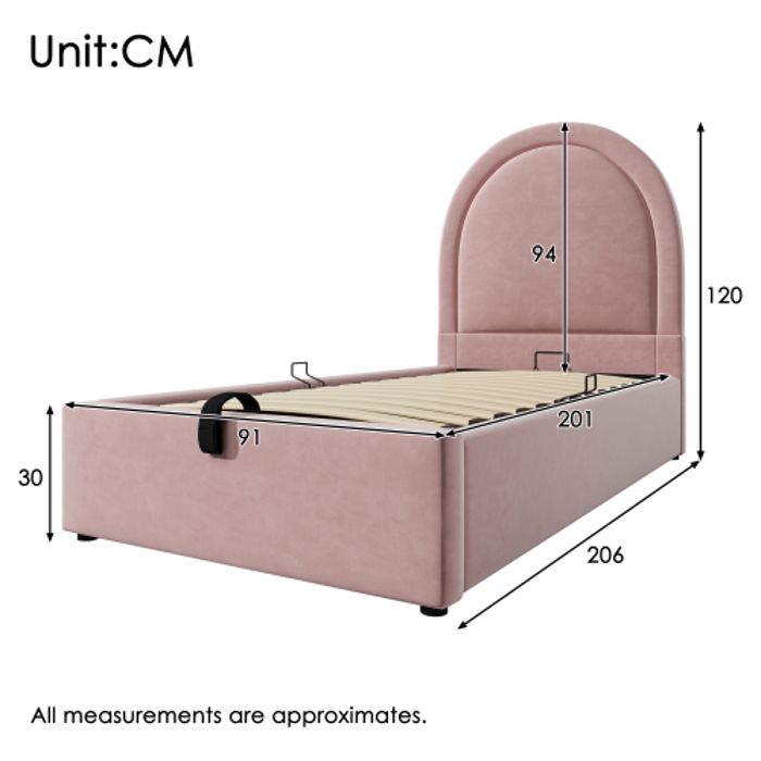 Lit simple - MUVOE - 90 x 200 cm - Rose - Velours - Avec rangement hydraulique