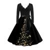Women's Fashion Elegant Autmn and Winter Long Sleeve V-Neck Christmas Print Dress