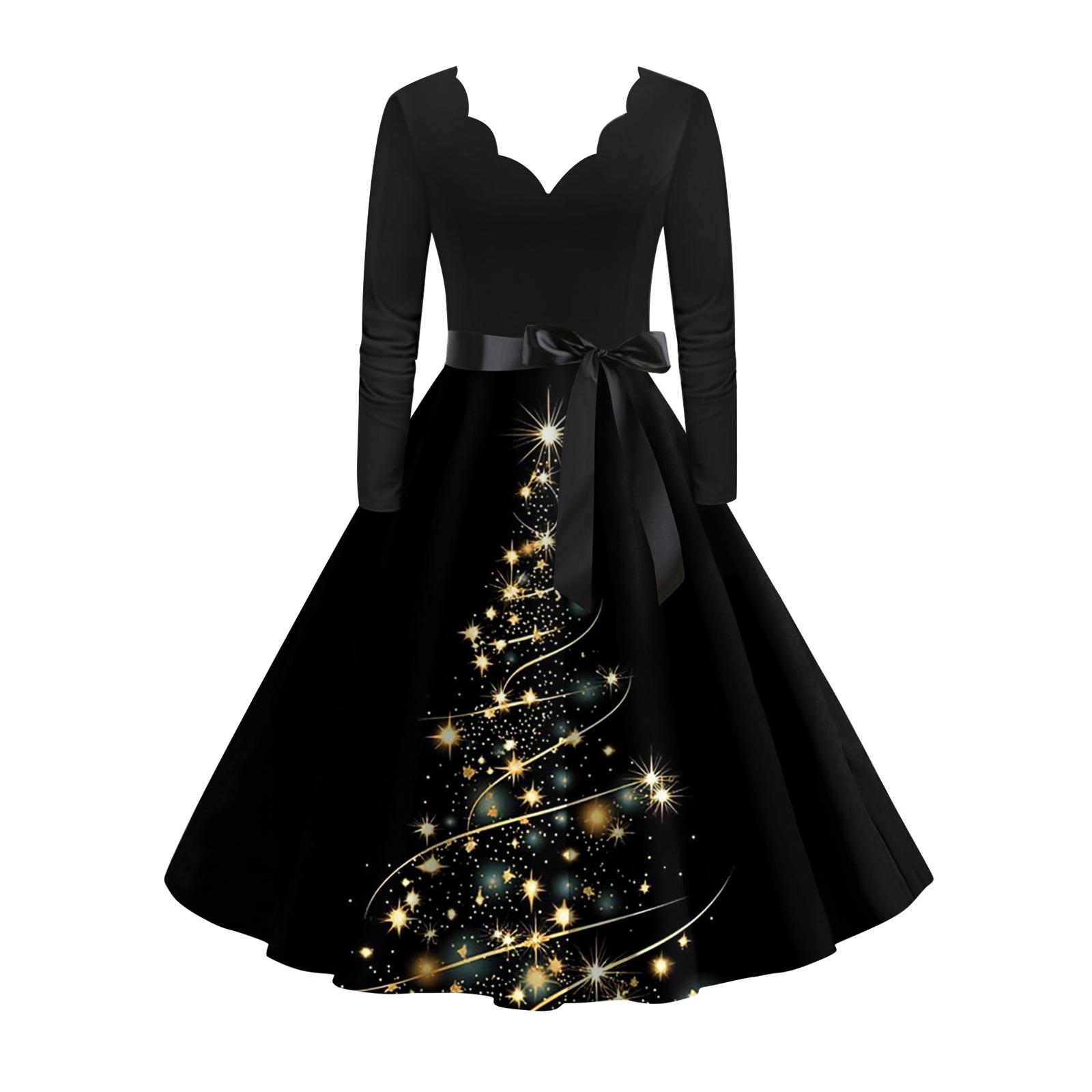 

Женское модное элегантное осенне-зимнее платье с длинным рукавом и V-образным вырезом с рождественским принтом XL чёрный