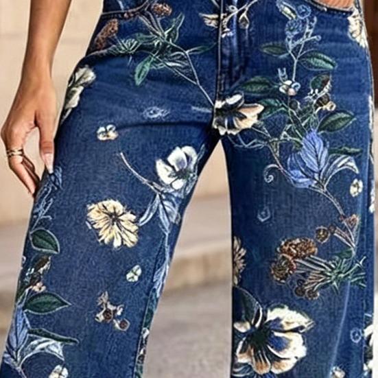 Vintage Floral Jeans for Women, Mid Rise Barrel Wide Leg Jeans, Retro Casual Stretchy Denim Pants with Pockets