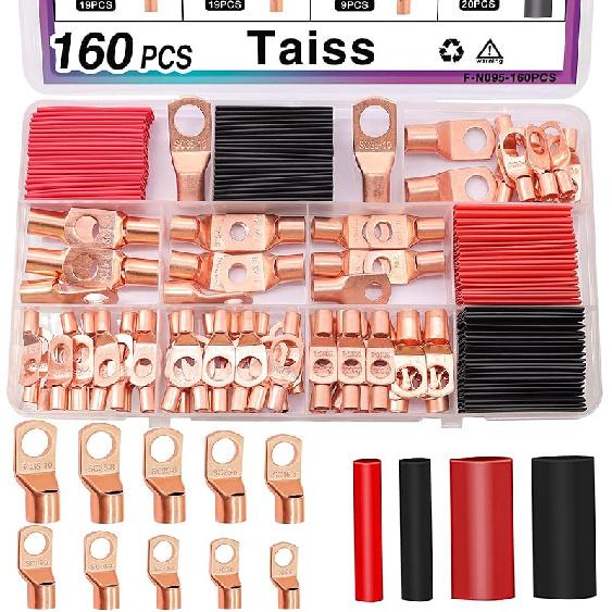 Taiss 110PCS Copper Wire Lugs,Battery Lugs AWG 2/4/6/8/10/12/14/16 Gauge Copper Lugs Assortment,Battery Cable Ends Copper Ring Terminals Connectors