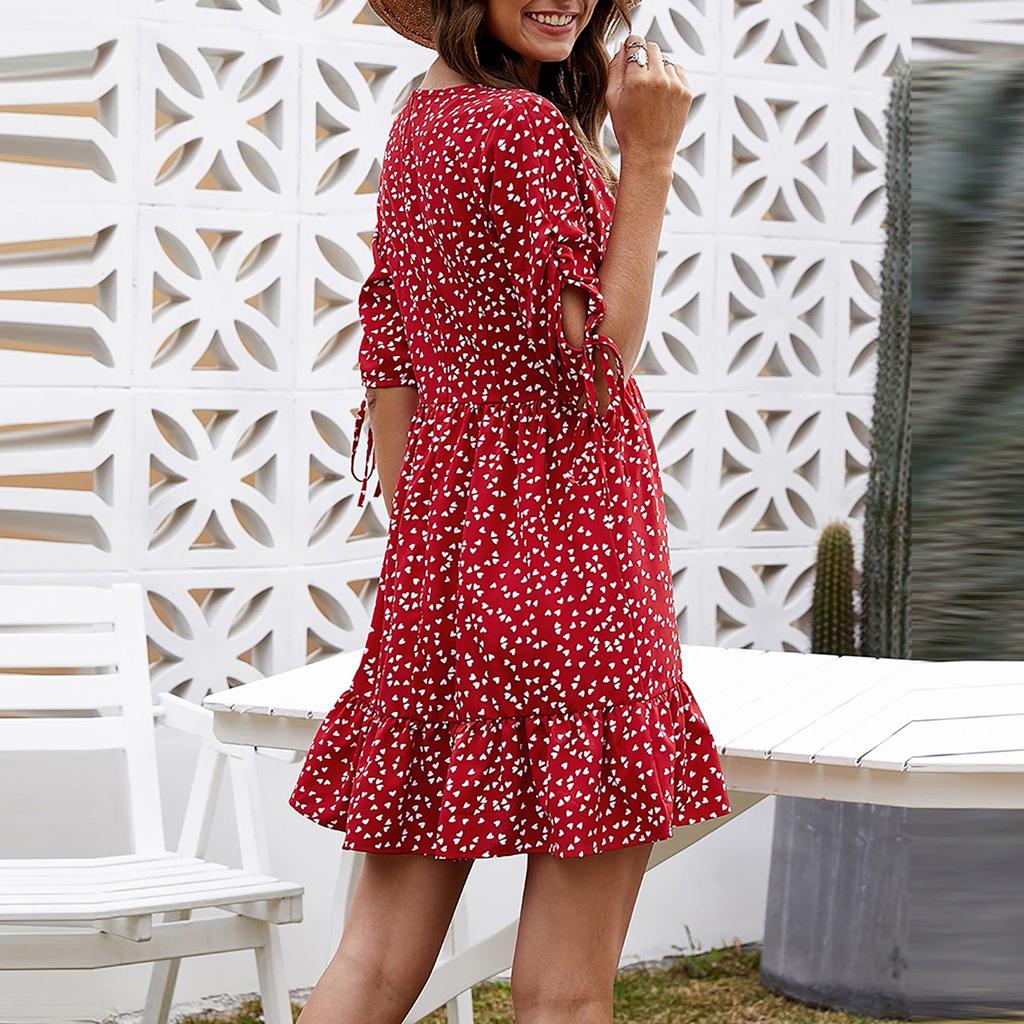 Fashion Women's Summer Sexy Deep V-neck Half Sleeve Print Ruffle Dress