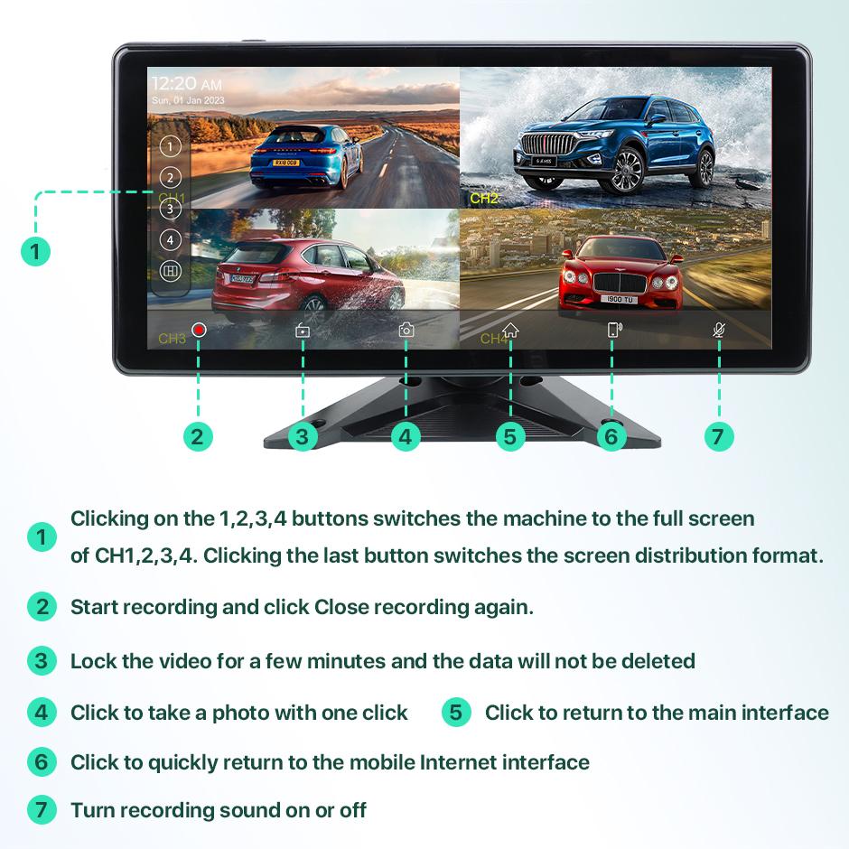 Wireless Carplay Android Auto10.36'' 4 Split Screen Dash Cam Monitor with 1080P Mini Front Rear Camera For Truck Trailer Bus RVs