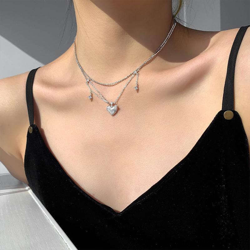 New 925 Silver Heart-Shaped Double Layered Tassel Necklace For Women Exquisite Cross Star Collarbone Chain JewelryGift