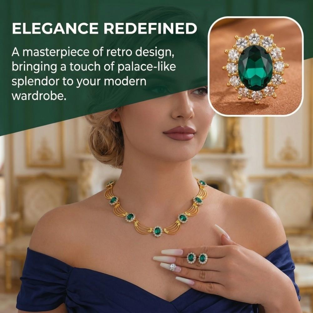 Retro Necklace Earrings Set Gold-Tone Statement Jewelry Set Gemstone Necklace Set Online Popular
