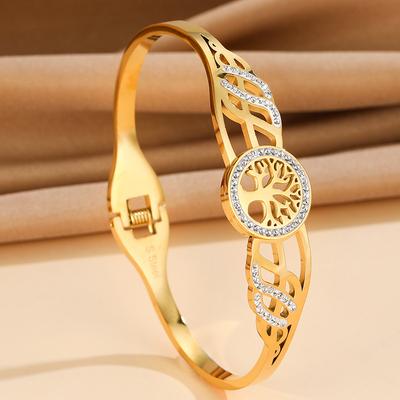 316L Stainless Steel Hollow Celtic Knot Tree of Life Cuff Bracelet Micro Embedded Zircon Spring Bangle for Women Vintage Jewelry