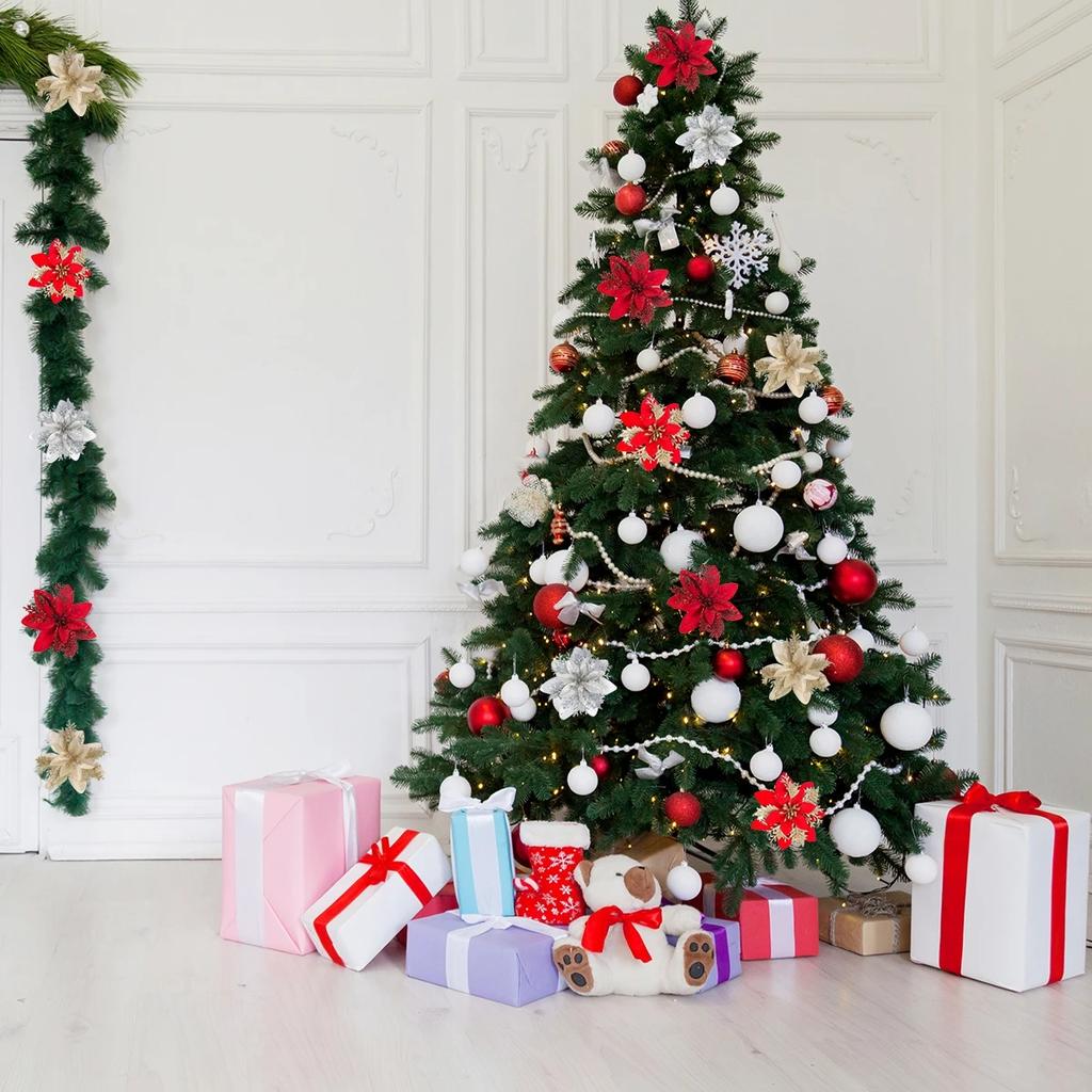 5pcs Glitter Pink Christmas Flowers Xmas Tree 14cm Artifical Flower Ornaments 2025 Merry Christmas Decoration For Home New Year