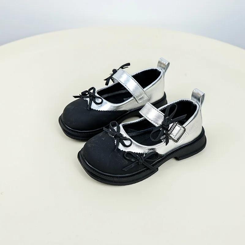 

New Kids Mary Jane Shoes Causal Patchwork Versatile Girls Fashion Princess Leather Shoes Bowknot Sweet Children s Flats Non-slip 26