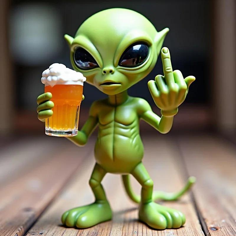 2026 New Funny Alien Statue Resin Beer Drinking Sculpture with Vivid Expression Waterproof Garden Decor Middle Finger Alien