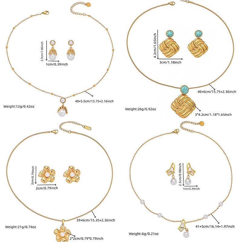 Fashion Vintage Pearl Flower Geometric Irregular Necklace Earring Set Personality Jewelry