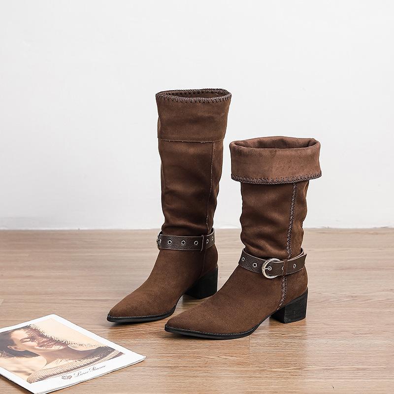 Brown Retro Western Cowboy Boots Women's 2025 New Autumn Pointed Thick Heel Knight Boots Stacking Boots Medium Boots