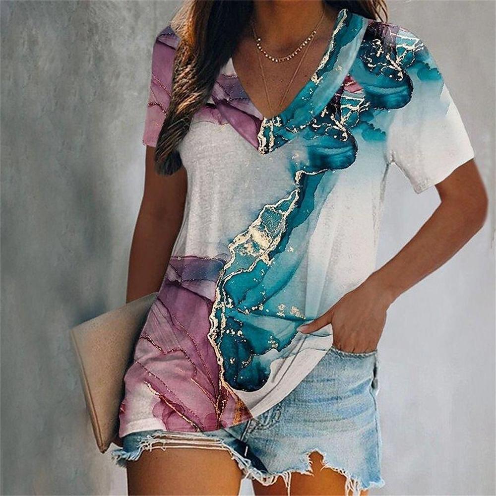Fashion V-Neck Short Sleeve Colorful Tassels Print T-Shirts Summer Casual Elegant Women's Large Size T-Shirts