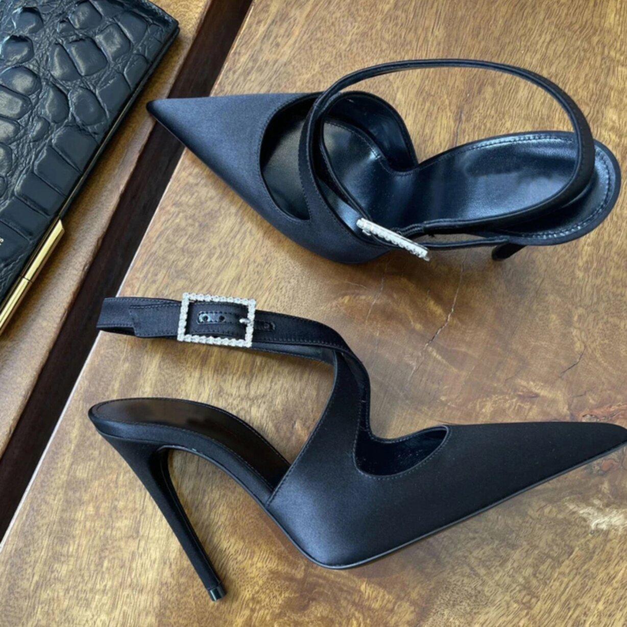 

Большие размеры, высокие каблуки, сексуальные босоножки, женские, 2024, новые, тонкий каблук, пряжка, французский темперамент, острый носок 35