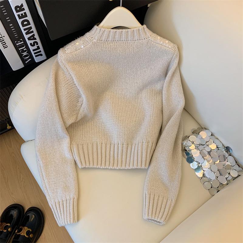 Real sequined knitted sweater top women's autumn and winter new lazy wind round neck heavy industry super good-looking short sweater