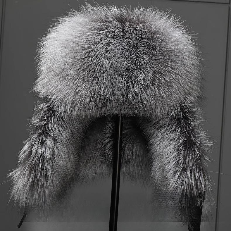 Pălărie de blană naturală din piele naturală 100% pentru femei, blană de vulpe argintie naturală, pălării pufoase Ushanka, iarnă, urechi groase, calde, șapcă bomber de modă