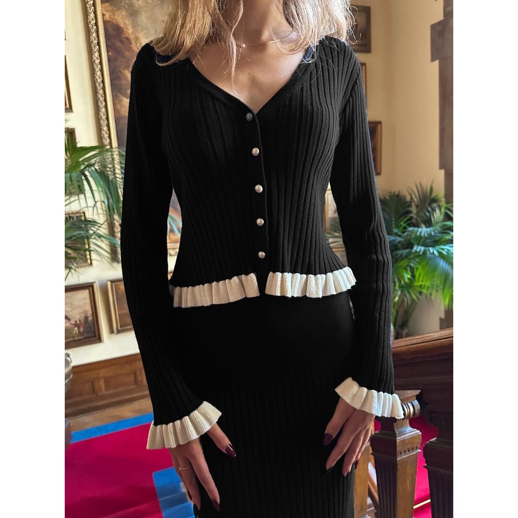 French Elegant Ruffle Edge Tight Knit Two-piece Set Women's Autumn and Winter Temperament Dress Set
