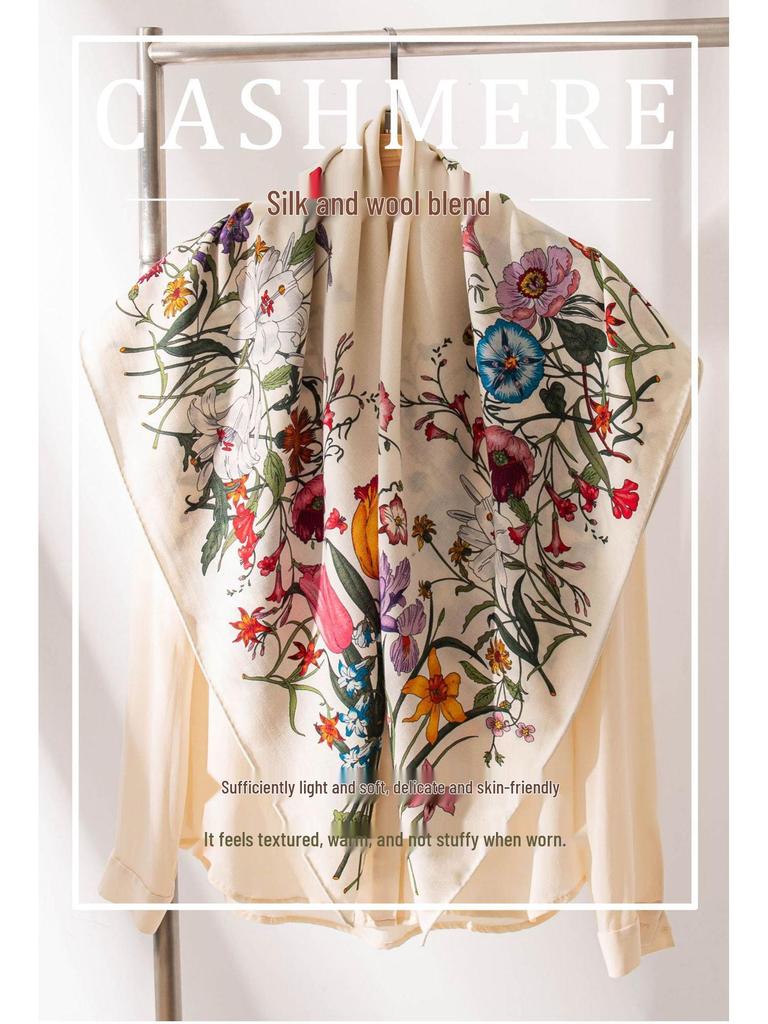 Eșarfă tip snood din lână mătăsoasă cu imprimeu floral față-verso pentru femei - Șal elegant, luxos, ușor