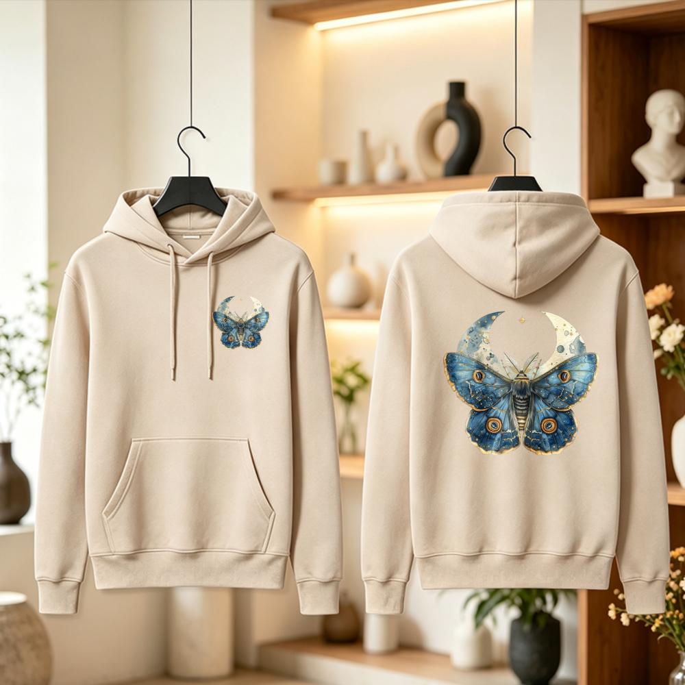 Cottagecore Green Celestial Moth Hoodie Blue Butterfly Moon Graphic Pullover Cozy Unisex Women Fall Winter Top Aesthetic