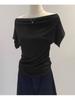 Sommer Reines Verlangen Ein Schulter Schwarz Kurzarm Damen T-Shirt Koreanischer Stil Schlankmachendes Top Freiliegende Schulter Modisch