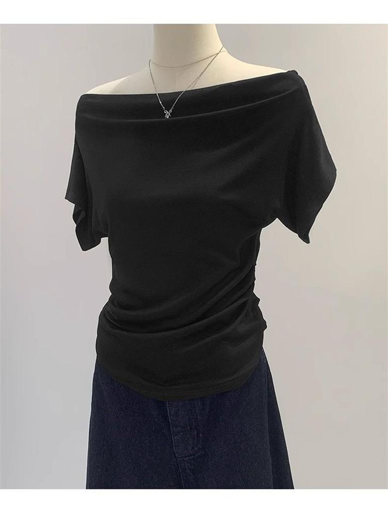 Sommer Reines Verlangen Ein Schulter Schwarz Kurzarm Damen T-Shirt Koreanischer Stil Schlankmachendes Top Freiliegende Schulter Modisch