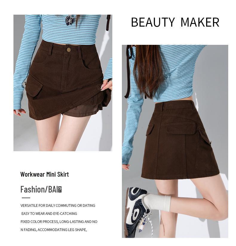 Coffee High-Waisted A-Line Denim Skirt: Women's Versatile, Multi-Pocket, Slimming Workwear Style