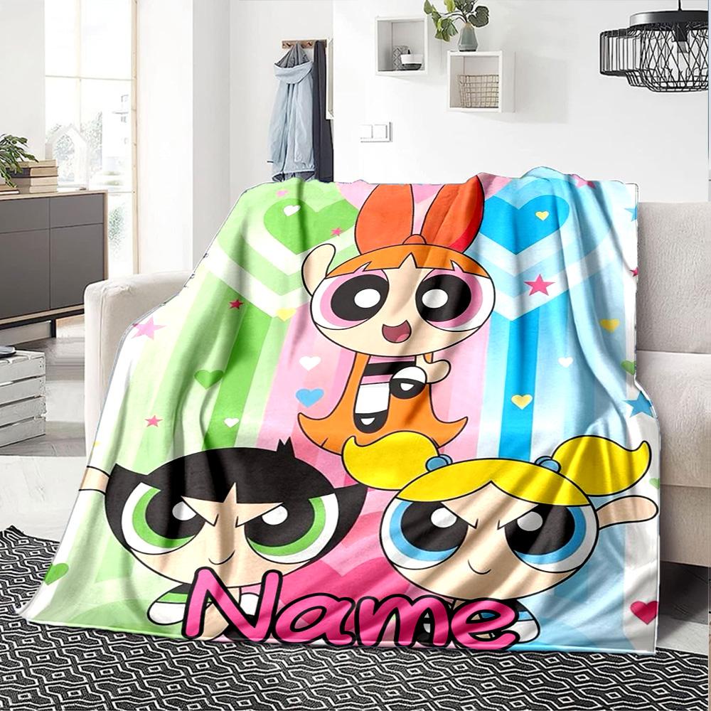 Custom Name Powerpuff Girls Adventure Flannel Blanket for Super Soft Cute Comfort Blanket for Travel Bedding Couch Sofa Blanket