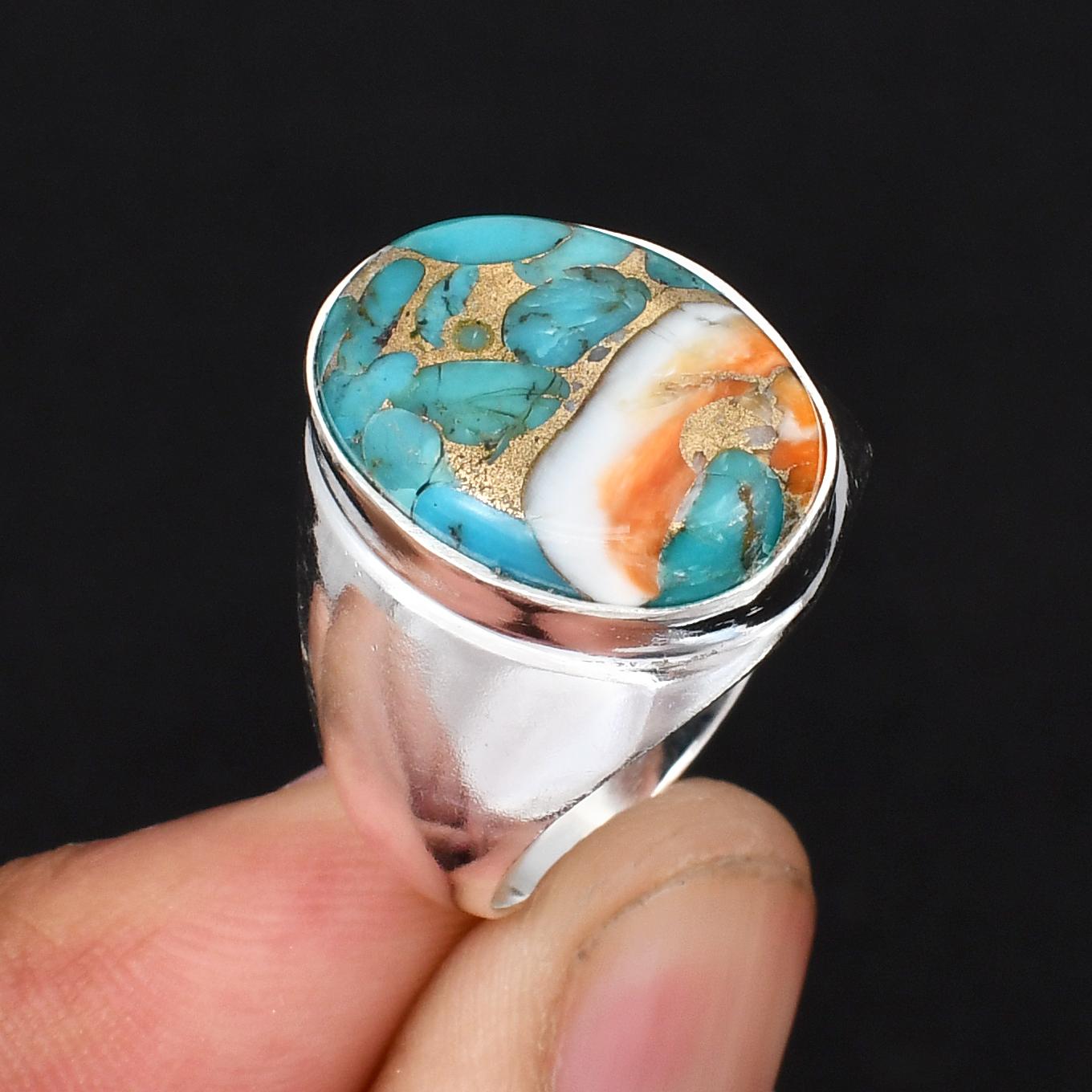 

Spiny Oyster Turquoise Ring for Men and Women Handmade 925 Sterling Silver Plated Statement Ring Boho Multi-Color Gemstone Jewelry 14