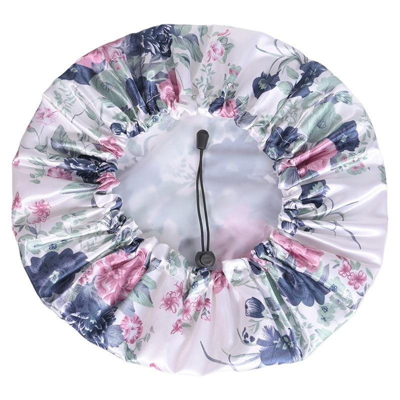 

Women Double Layer Waterproof Shower Cap Floral Print Adjustable Double-Layer Elastic Hair Cap Bathing Accessory