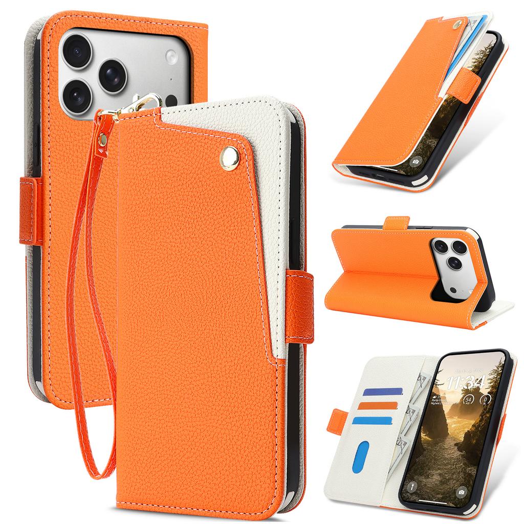 Cartera de Cuero con Tapa Color Block Ranura para Tarjetas Estuche para iPhone 17 Pro Max 16 15 14 Soporte Resistente a Golpes con Correa de Muñeca Funda de Bolso