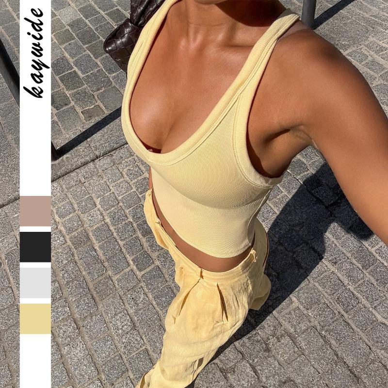 

Summer Women s Light Yellow Ribbed V Neck Wide Strap Cropped Cami Tank Top S жёлтый