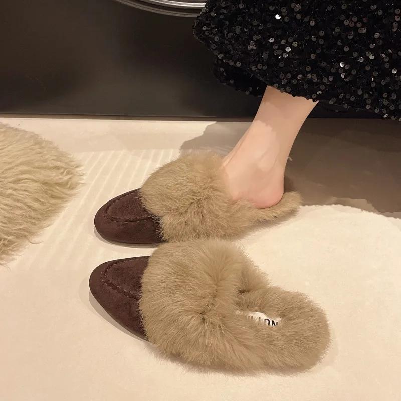 Fashion Slip On Simple Shoes Outwear Woman Warm Shoes Mules Natural Suede Flat Shoes for Women SlippersMules Women's Fur Flats Slippers