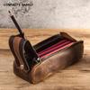 Retro Crazy Horse Leather Double Zipper Pencil Case - Handmade, Large Capacity for Students