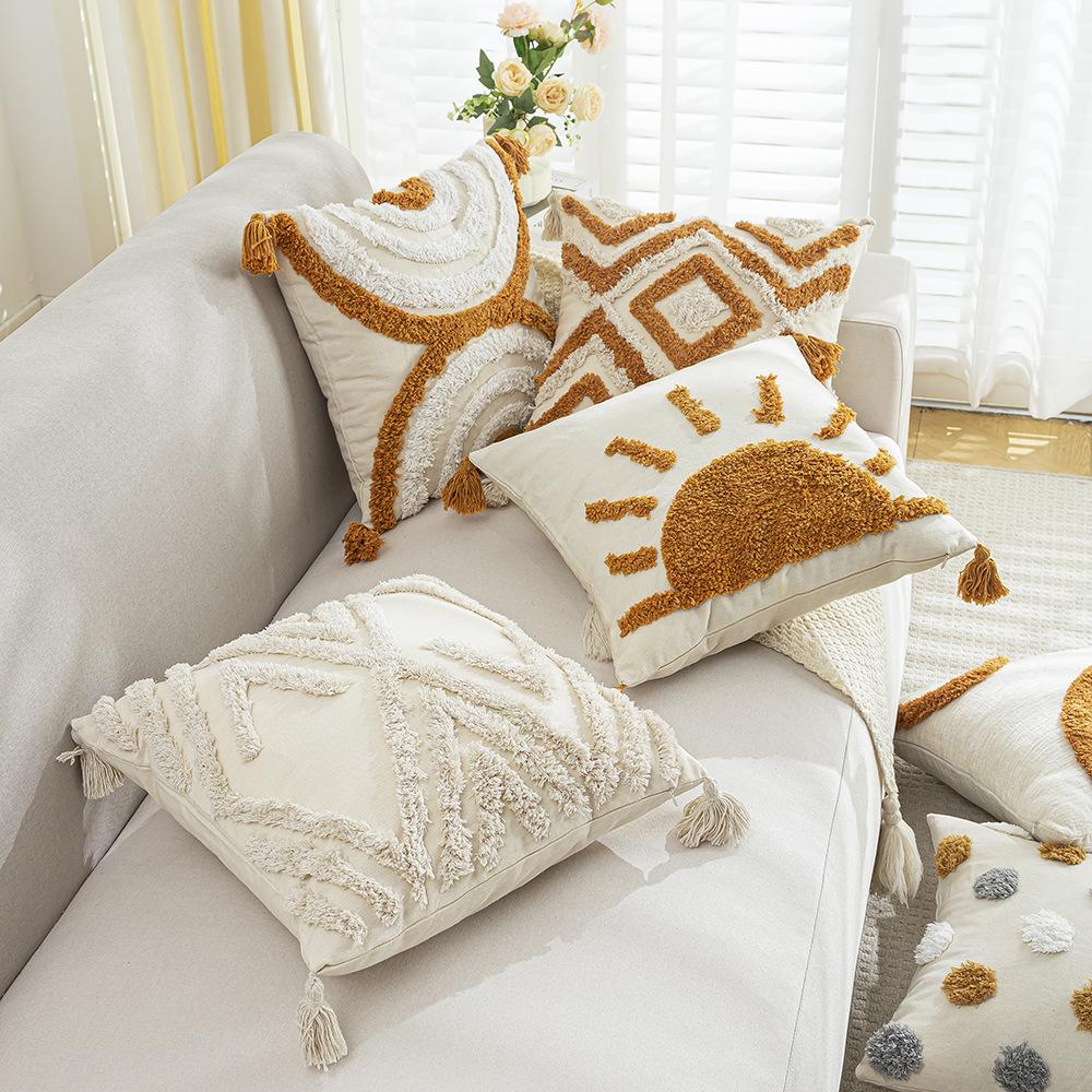 BUYNOW 1PC Tufted Lines Geometric Foliage Sun Hugging Pillowcase Bohemian Living Room Sofa Cushion Cover Home Bedroom Decor